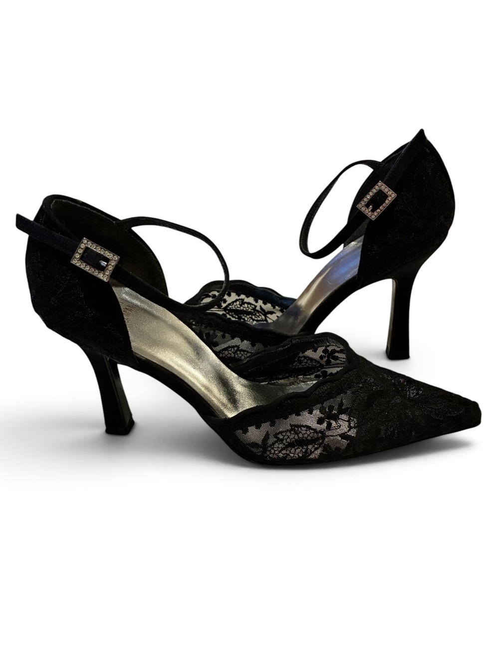 Stuart Weitzman Lace floral mesh rhinestone ankle strap evening heels. Sz7.